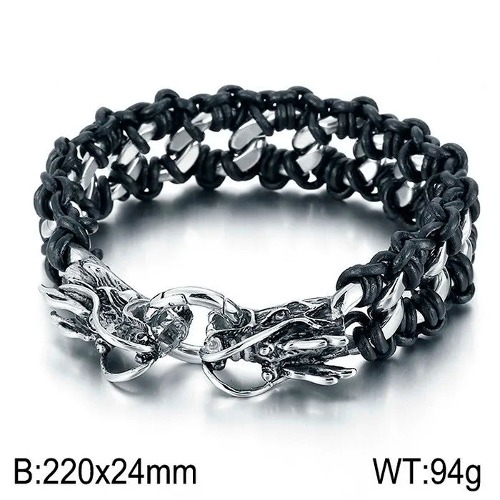 KALEN Punk Fine Jewelry Fashion Bracelets Men Stainless Steel Micro Fiber Leather Skull Links Bracelet Bangle