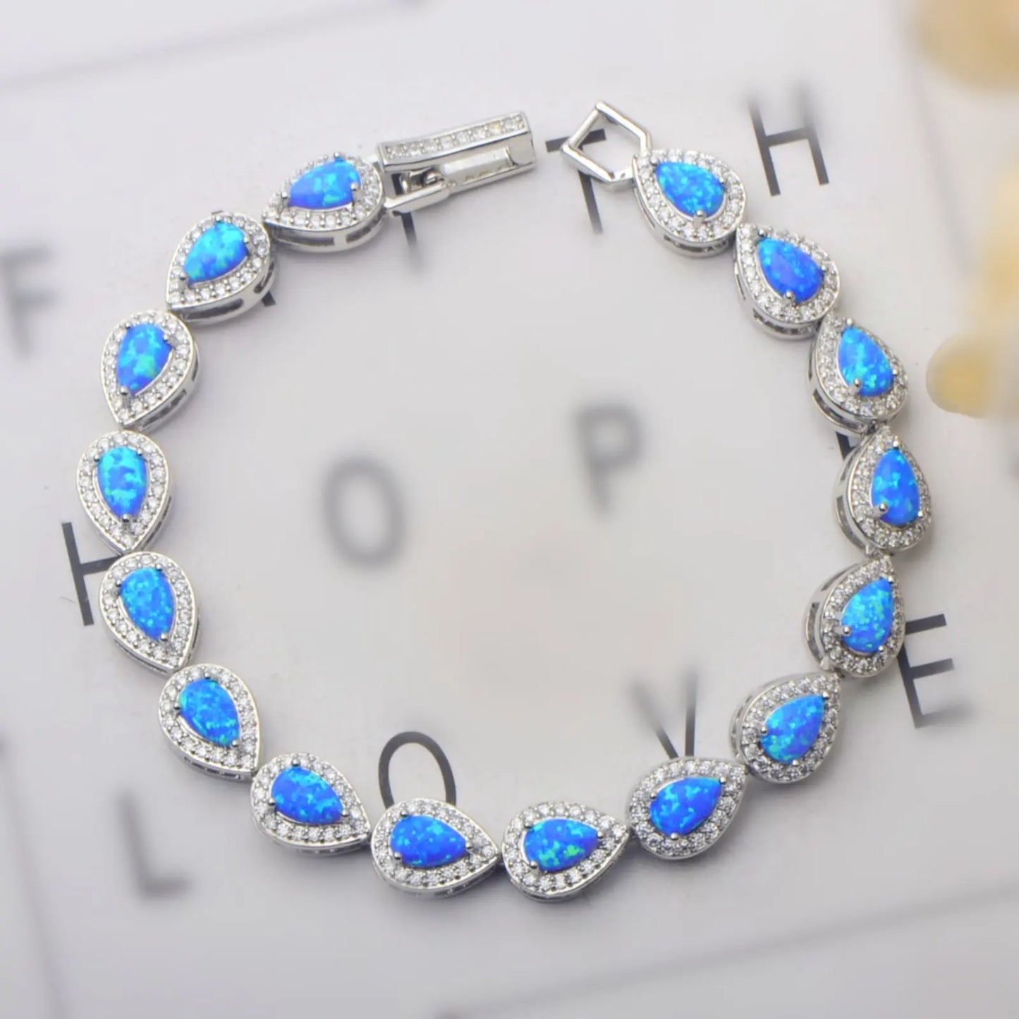 Blue Opal Teardrop Bracelet | Silver CZ Accent Jewelry