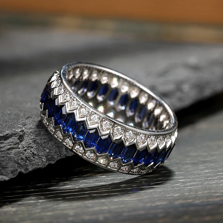 Gemfiori High Quality Royale Jewelry Blue Sapphire Wedding Ring Women Size 4-11 Women Sapphire Ring Mian Stone 1.75*3.5MM