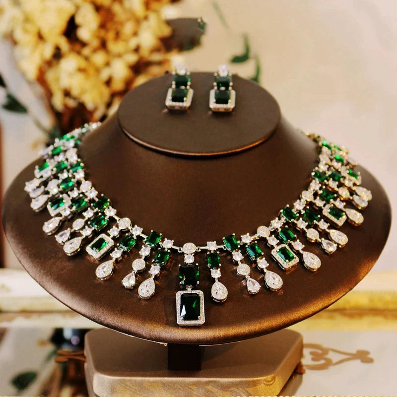 Luxury Cushion-Cut Zirconia Flower Statement Necklace & Drop Earrings Set — Silver Plated
