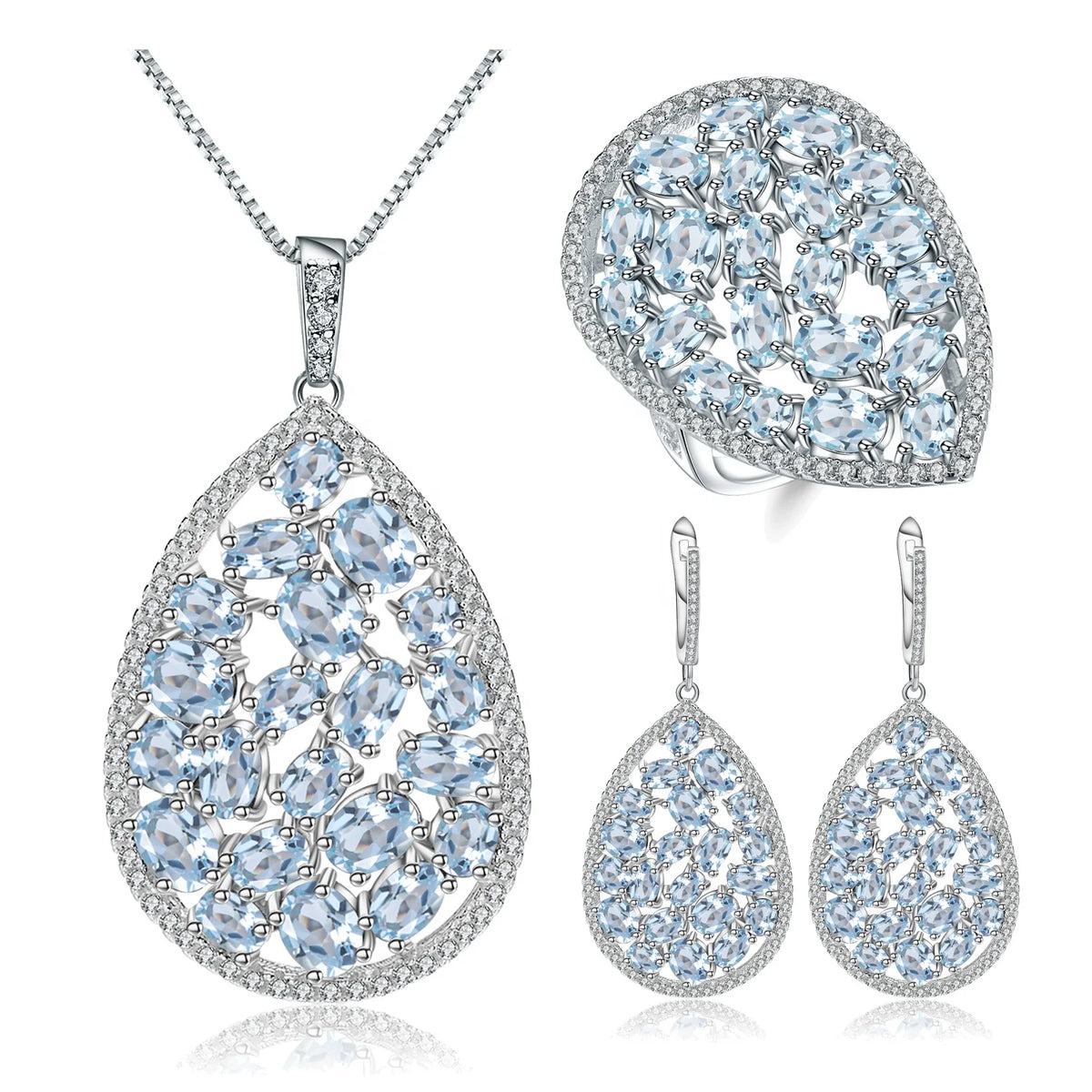 ArtistA A852 Abiding Factory Dainty 925 Silver Pear Waterdrop Shape Fancy Oval Cut Natural Sky Blue Topaz 3 Piece Jewelry Set