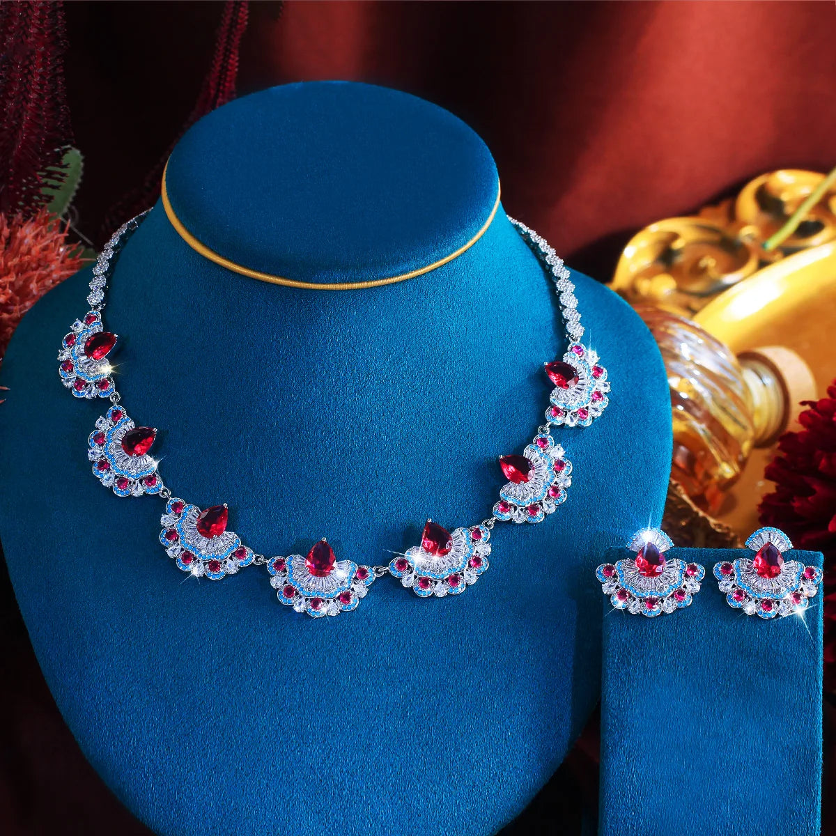 Beauty Jewelry Set Rhodium Plated Rose Red Turquoise CZ Dress Drop Tennis Jewelry Set for Women Brides Lady Costume Accessories