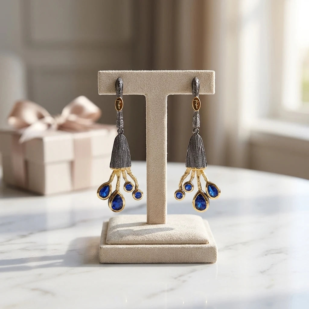 Handmade Women's Daily Wear Synthetic Blue Spinel 925 Sterling Silver Pendant Earrings with 18K Gold Plated Finish Perfect Brand