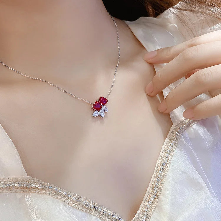 Gemfiori Solid 925 Sterling Silver 3.5ct 7*7mm Lab Created Red Ruby Heart Pendant for Necklace