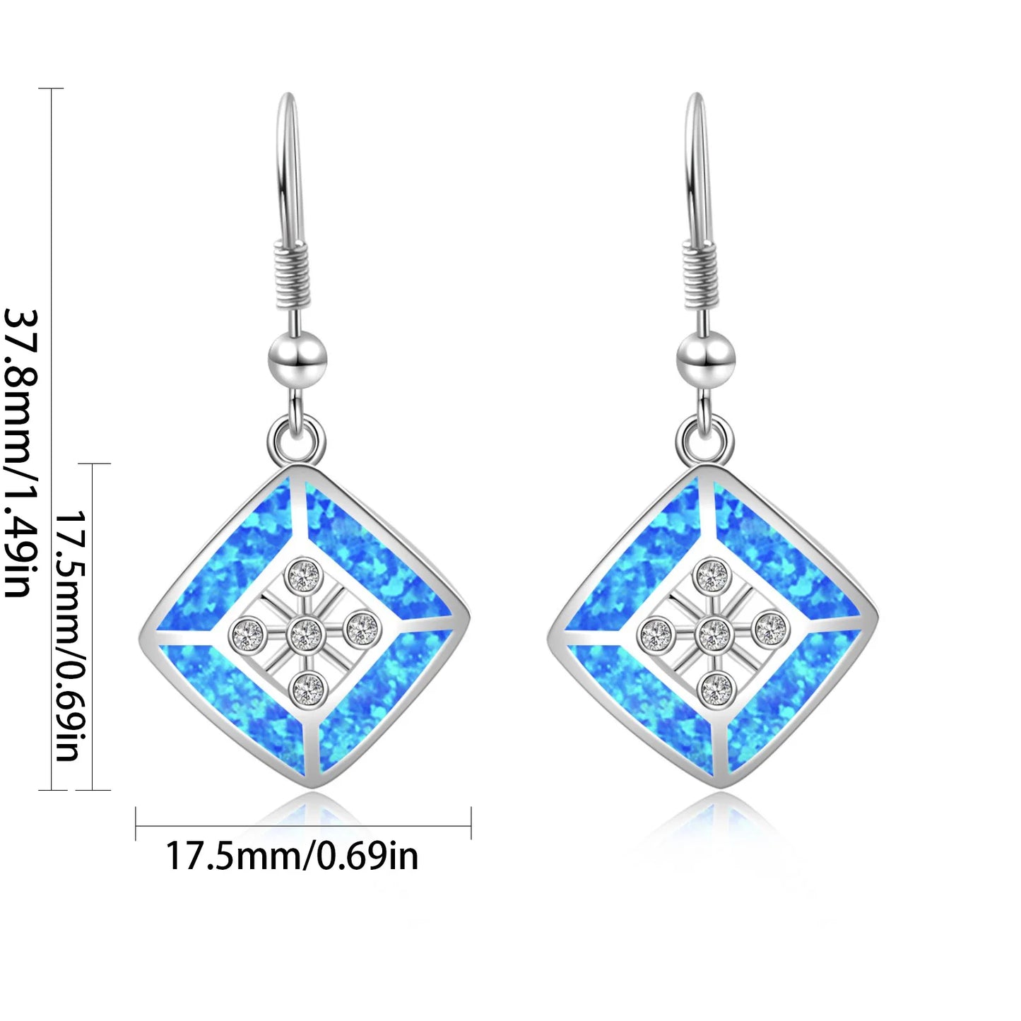 TikTok Ins Western Style Christian Geometric Blue Rhombus Opal Pendant Earrings Silver Plated Bohemian Women's Jewelry