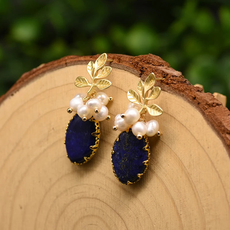 Natural Lapis Lazuli Pearl Temperament Drop Earrings for Women Girls Party Gift Original Design Luxury  Earrings Bulk