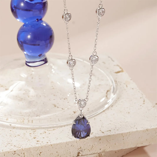 Gemfiori Abiding Delicate 925 Sterling Silver Bubble Bead Decoration Lab Grown Sapphire Charm Pendant Necklace Link