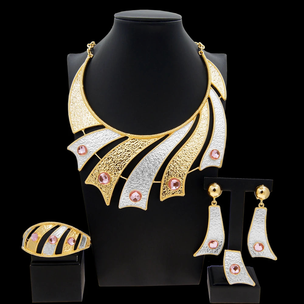 Zhuerru Italian Gold Plated Jewelry Set Pink Bead Necklace Bracelet Earrings Jewels Sets High Quality Fashion Woman Gift H00553