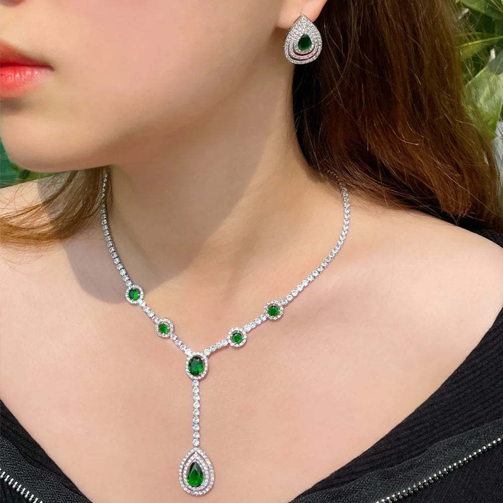 Top Quality Water Drop Emerald Green Cubic Zirconia Women Jewelry Set for Wedding Party Bridesmaid Gift Engagement Accessories