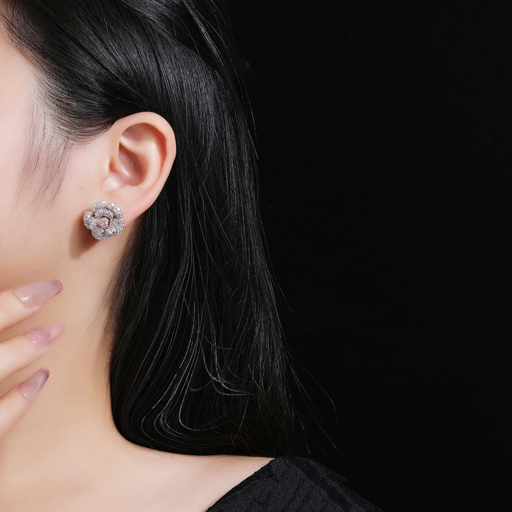 MUSHAN Jewelry Factory 925 Sterling Silver Rose Stud Earrings for Women HCD Gemstones High Carbon Diamond Earrings Stud Jewelry