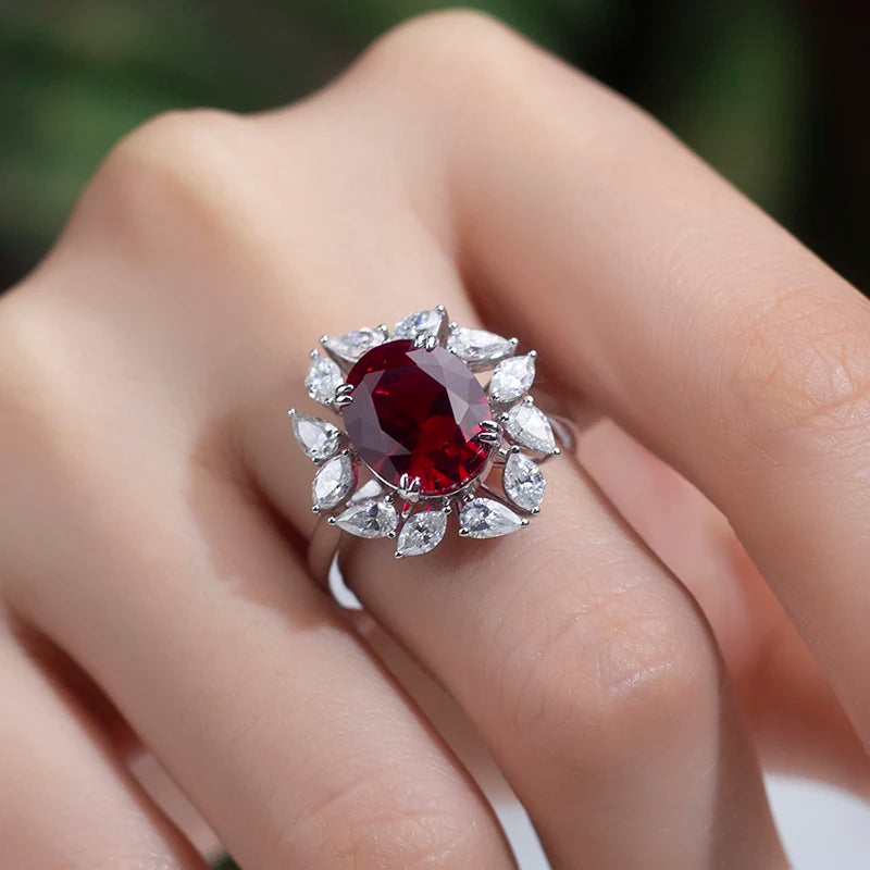 Messi Jewelry  MSR-1034 10K White Gold Oval Shape Lab Ruby Engagement Ring