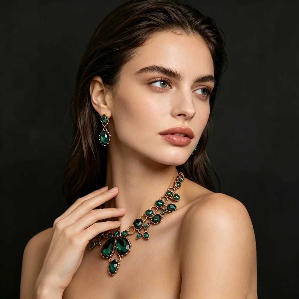 XM S394 Gold Plated Marquise Topaz Sparkling Floral Necklace & Earrings Bridal Set