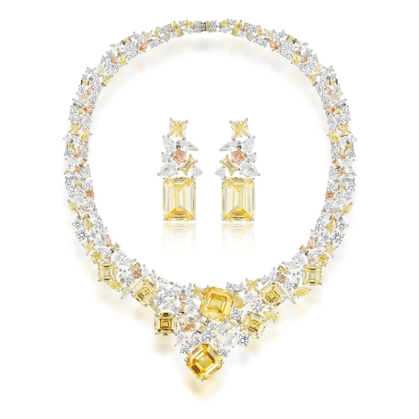 Sparking Pink Purple Yellow Top High 5A Zirconia Full Paved Star River Design Necklace Earring Set Women Evening Gown Accessory