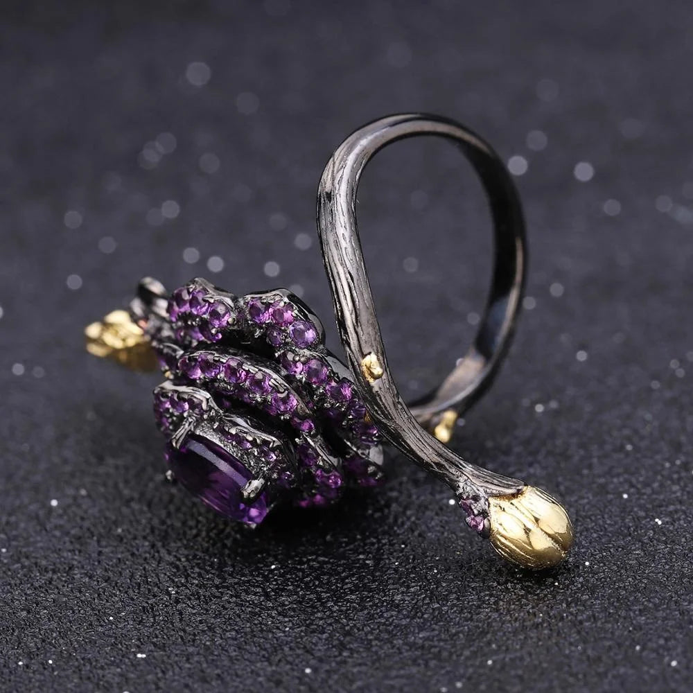 Abiding 925 Sterling Silver Jewellery Natural Amethyst Rose Flower Earrings Ring Jewelry Sets for Women Bijoux