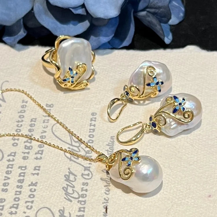 S&S Baroque Pearl Butterfly Jewellery Set – 14K Gold Filled – Necklace, Earrings & Ring – Collection