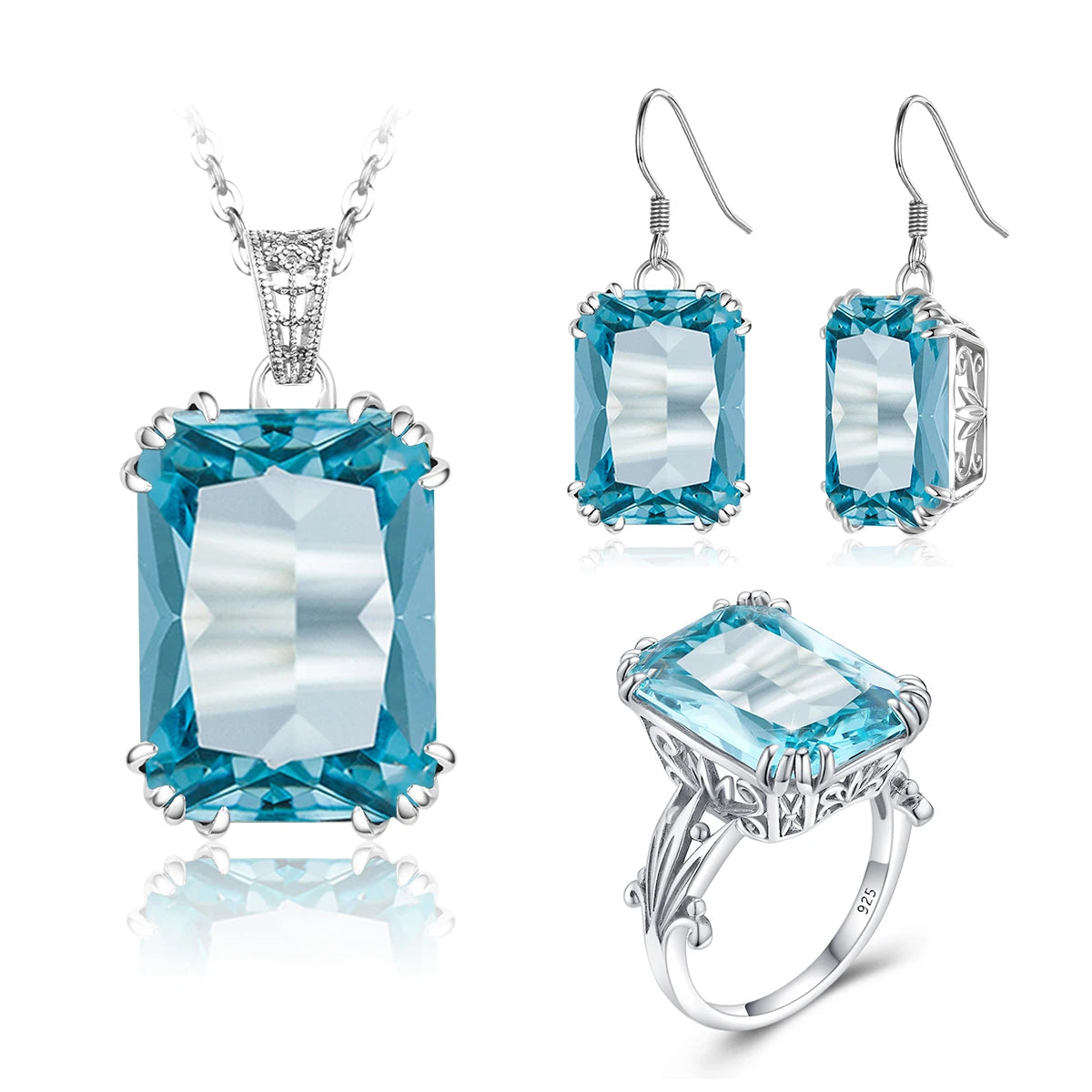 ArtistA Sapphire Blue Stone Zircon Crystal Sterling Silver Jewelry Sets for Women Retro Crown Ring Pendant Earring for Party Engagement