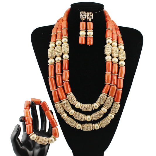 Zhuerrui Multi-strand Red Coral Necklace Set Vintage Personalized Gold Plated Jewelry Set Wedding Party Jewelry Set YL389