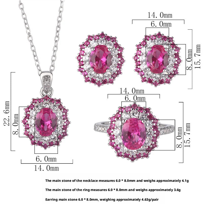 High End Eco-friendly Copper 6*8mm Red Zircon Oval Cut Romantic Bridal Jewelry Set Two Tone Wedding Ring Necklace Earrings Set