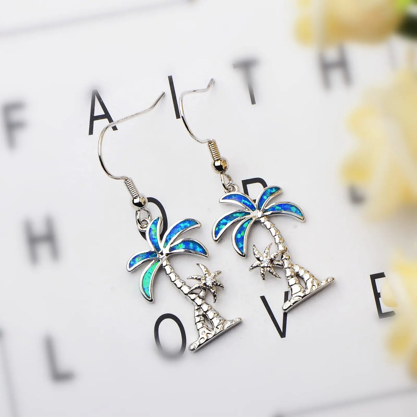 Trendy Silver Plated Brass Tropical Palm Tree Blue Fire Opal Starfish Drop Earrings-Women's Beach Vacation Jewelry Bulk Gifts