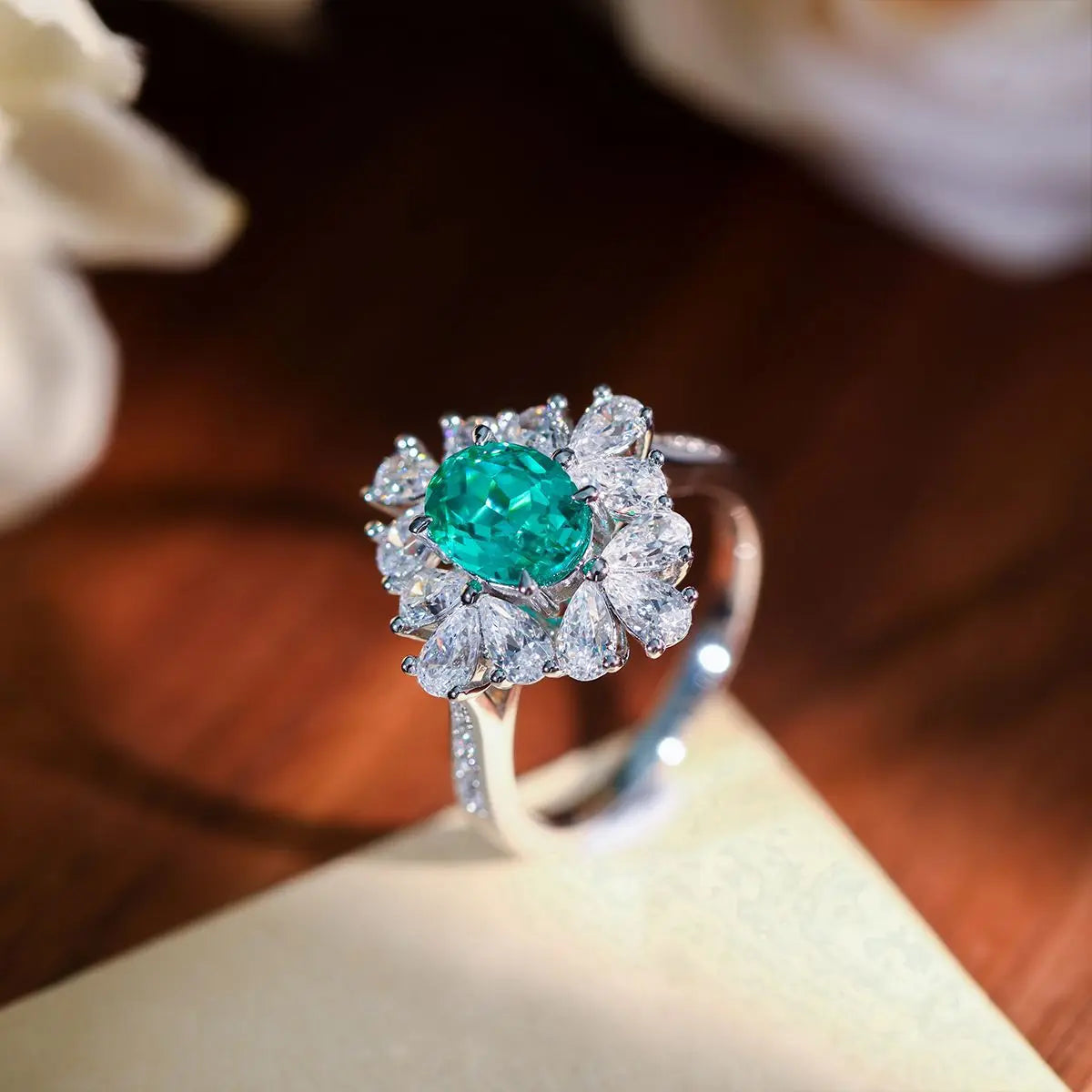 Mixed-Cut Halo Oval Lab-Grown Paraiba Tourmaline Statement Ring S925 Silver Rhodium Plated Gemstone Jewelry for Luxury Vacation