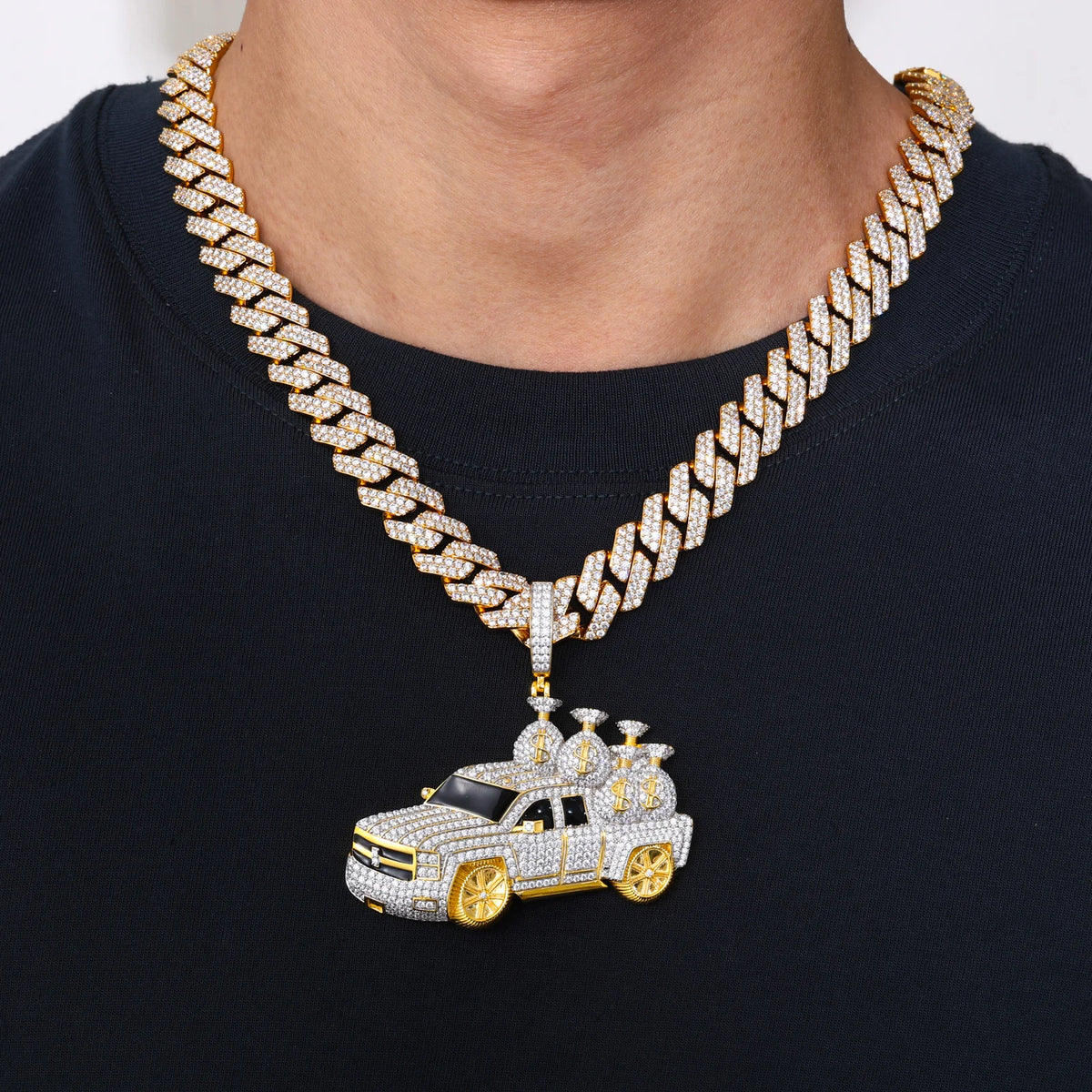 High Quality Hip Hop Jewelry 18K Gold Plated Brass AAAAA CZ Diamond Iced Out Pickup Truck Pendant with Money Bags