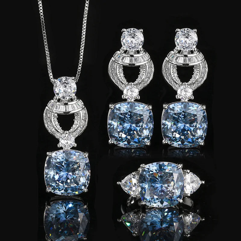 Fashion Eco-friendly Copper 12*12MM Blue Zircon Brass Square Pendant Earrings Ladies Necklace Jewelry Set for Refined
