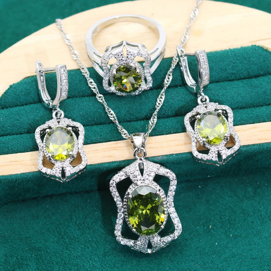 2024 New Olive Green Zircon 925 Sterling Silver Jewelry Sets Wedding Earrings Necklace Pendant Ring Birthday Gifts for Party