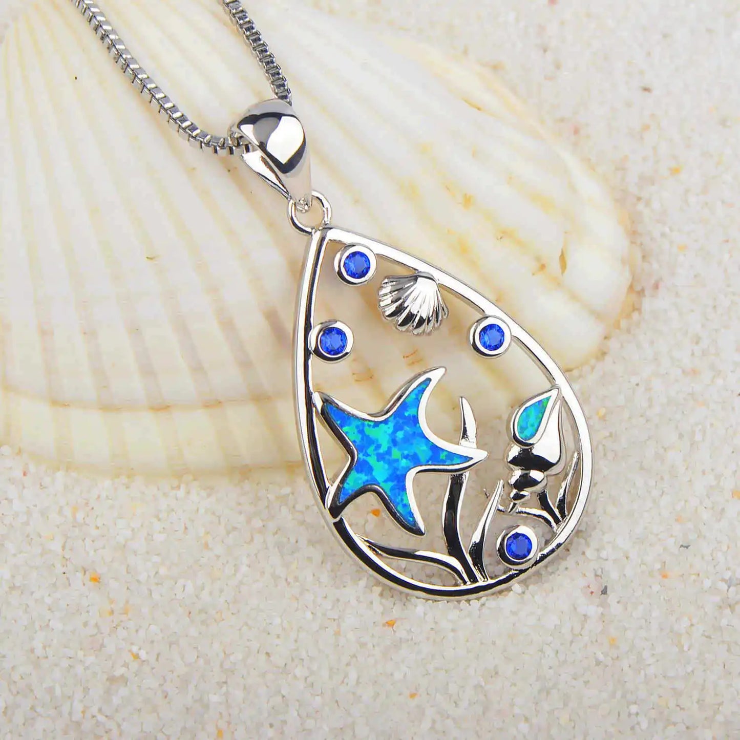 Fashion Trendy Christian Starfish Design Sparkling Blue Opal Silver Plated Copper Sweater Chain Necklace Women's Gift Occasion