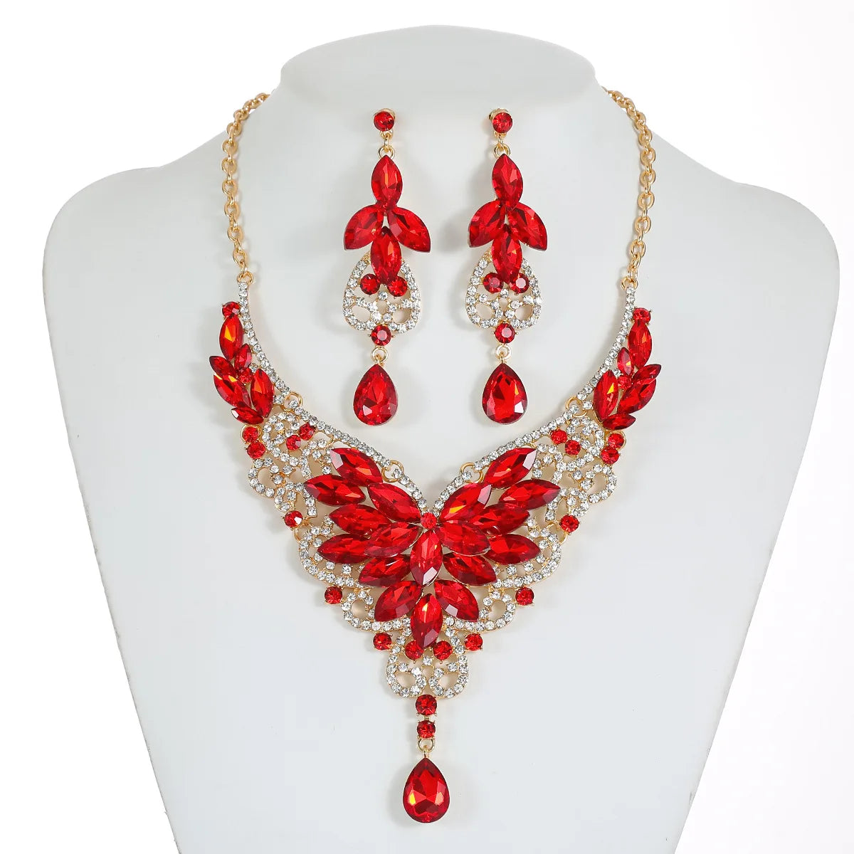 Crystal Stacked Butterfly Necklace & Earrings Jewellery Set | 10 Colours Geometric Glam Fashion Set