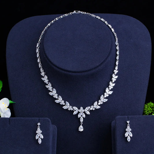 S&S CZ Leaf Bridal Jewellery Set – Dangling Earrings & Necklace – Collection