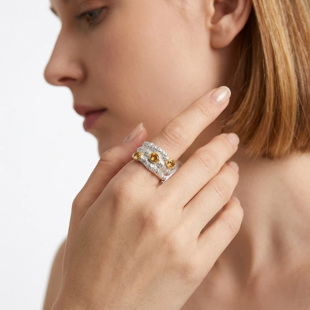 Trend Handmade Jewelry Citrine 925 Sterling Silver 18k White Gold Plated Ring for Women