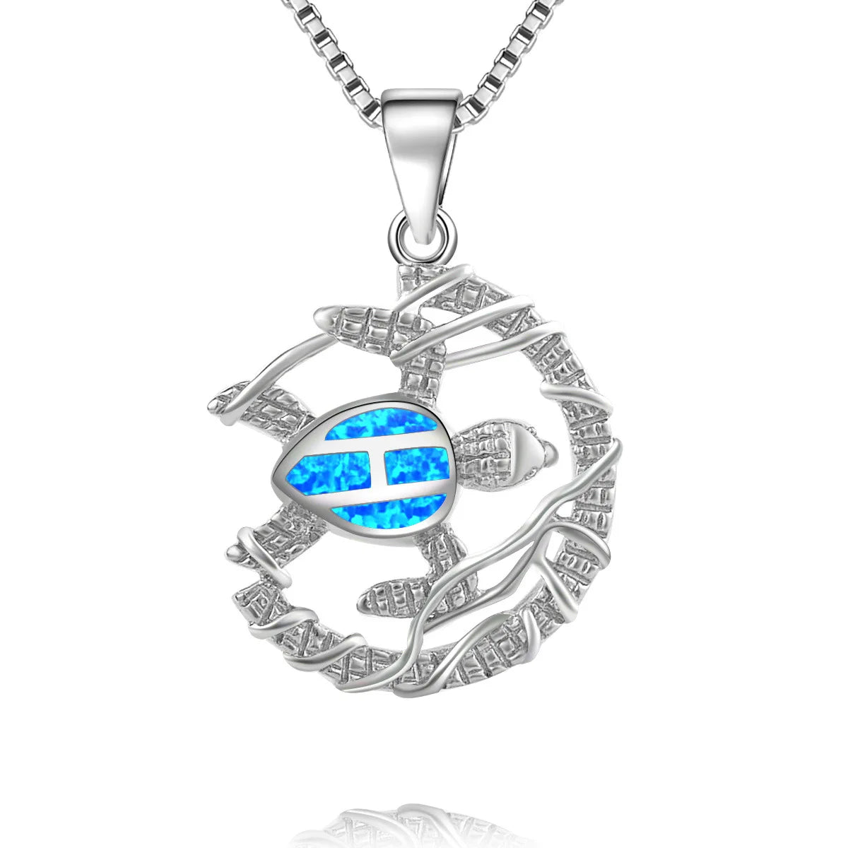 Boho Blue Opal Turtle Necklace | Trendy Women's Copper Alloy Silver Plated Link Chain Statement Pendant for Sweater Daily Gift