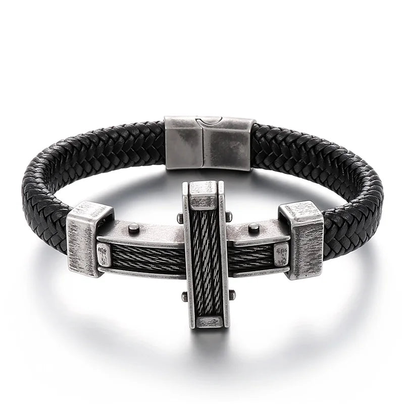 KALEN 215mm Trendy Silver/Gold/Black/Grey Cowhide Leather Bracelet With Stainless Steel Cross