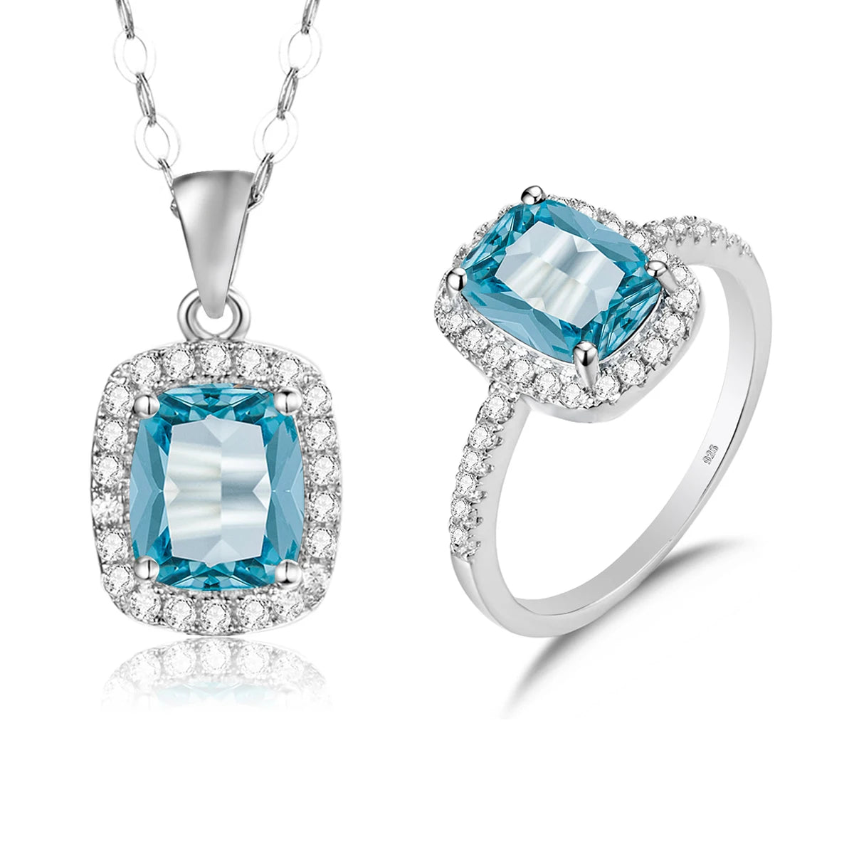 ArtistA 925 Silver Crystal Stone Rings and Pendant Necklace Sets Blue Topaz Aquamarine Gemstone Jewelry Display Set