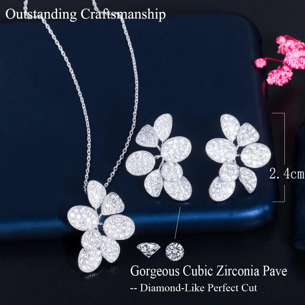 Glitter Silver Plated Cubic Zirconia Big Delicate Leaf Shaped Chain Pendant Necklace Earring Bridal Jewelry Sets for Women