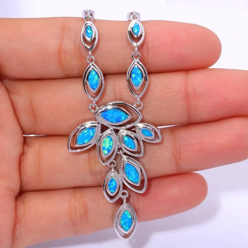 Aobao Silver Plated Copper Alloy Opal Feather Lariat Necklace Minimalist Design for Anniversary & Party Occasions