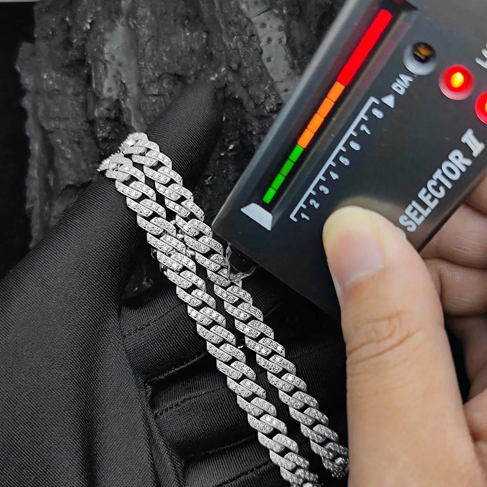 REBEL Fealux Pass Diamond Tester 8mm Two Rows Pass Diamond Tester Iced Out Hip Hop VVS1 Moissanite Cuban Link Chain Necklace Set