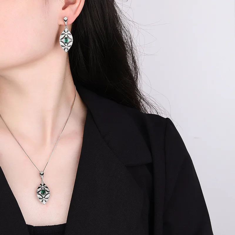 Gemfiori Vintage Charm Pendant Earring Set with Leaf Charm and High End Jewelry Inlaid with Square Zircon Jewelry