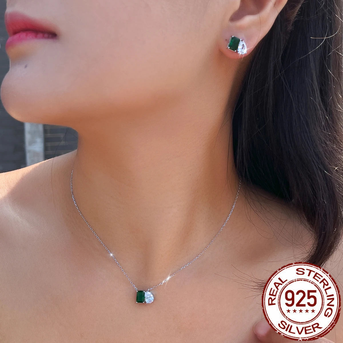 Fashion CZ 925 Sterling Silver Jewelry Set Green Baguette Drop Zircon Pendant Necklace Jewelry Set for Women Girls Daily Wear
