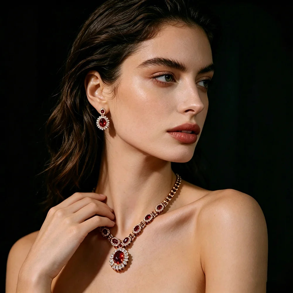 Luxury Oval Zirconia Halo Floral Pendant Necklace & Drop Earrings Bridal Set — Gold Plated