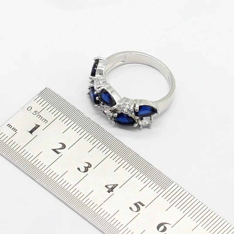XOTICA Dark Blue Sapphire 925 Silver Jewelry Set for Women Hoop Earrings Bracelet Rings Necklace Pendant for Parties Weddings Birthday