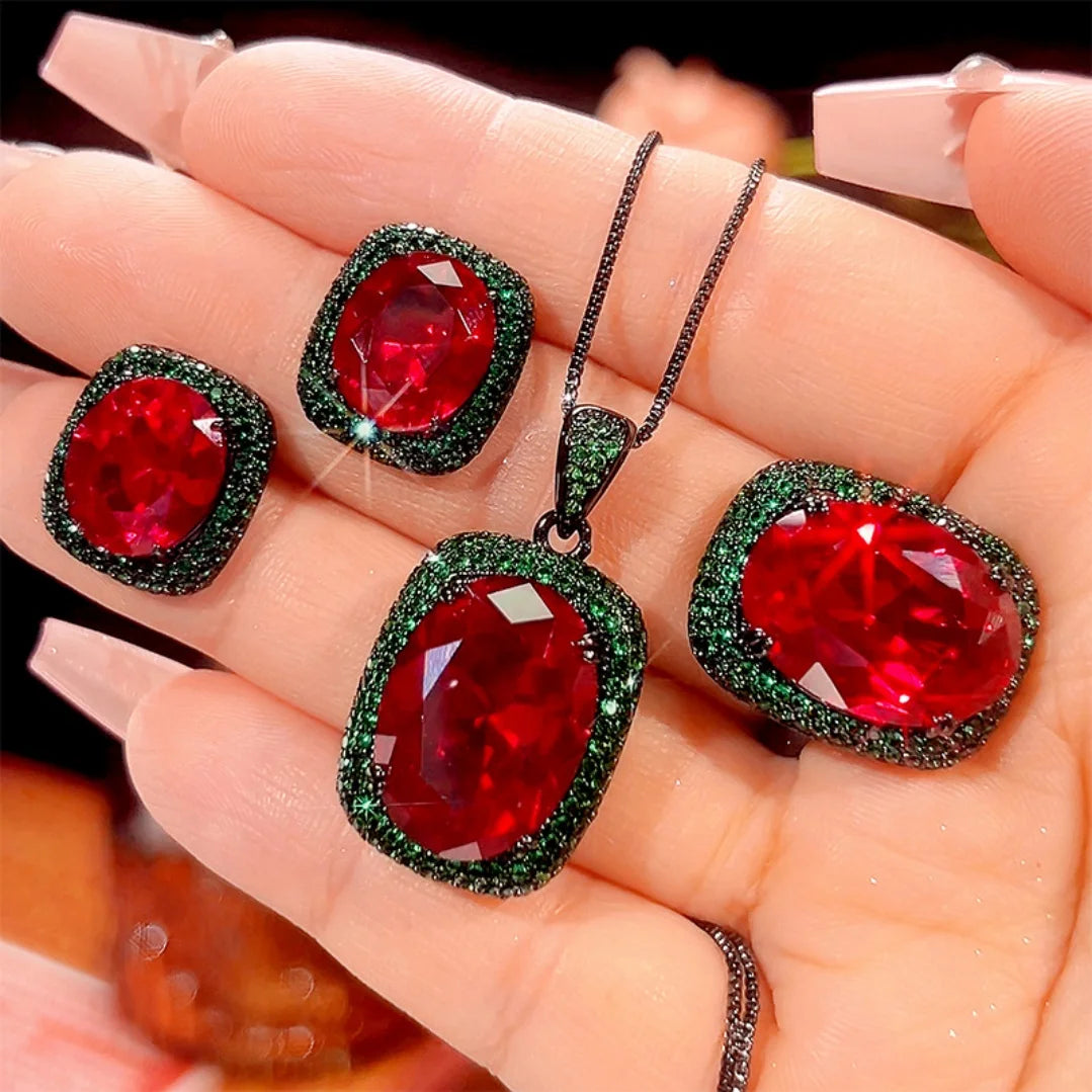 S&S Black Gold Red Corundum Zircon Jewellery Set – Pendant, Ring & Earrings – Collection