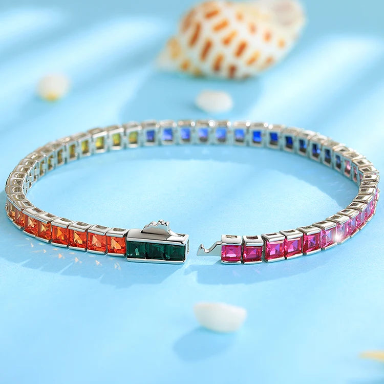 Gemfiori New Coming Real 925 Sterling Silver Charm Rainbow Tennis Bracelet for Women