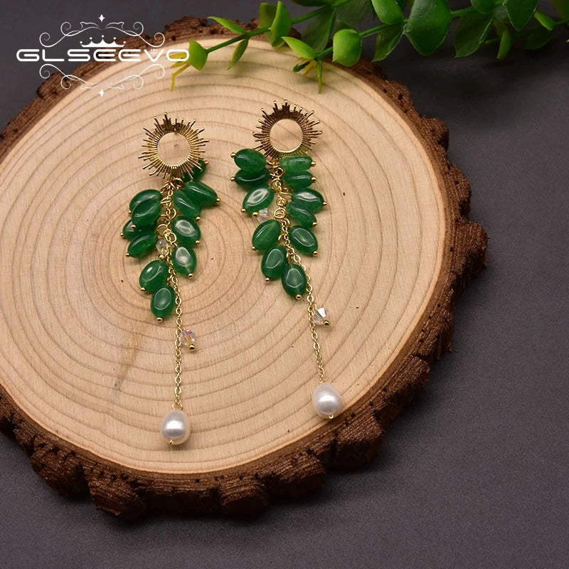 Natural Freshwater Pearl Long Drop Earrings Green Jade Stud Earrings for Women Vintage Designer Luxury Jewelry Accessories