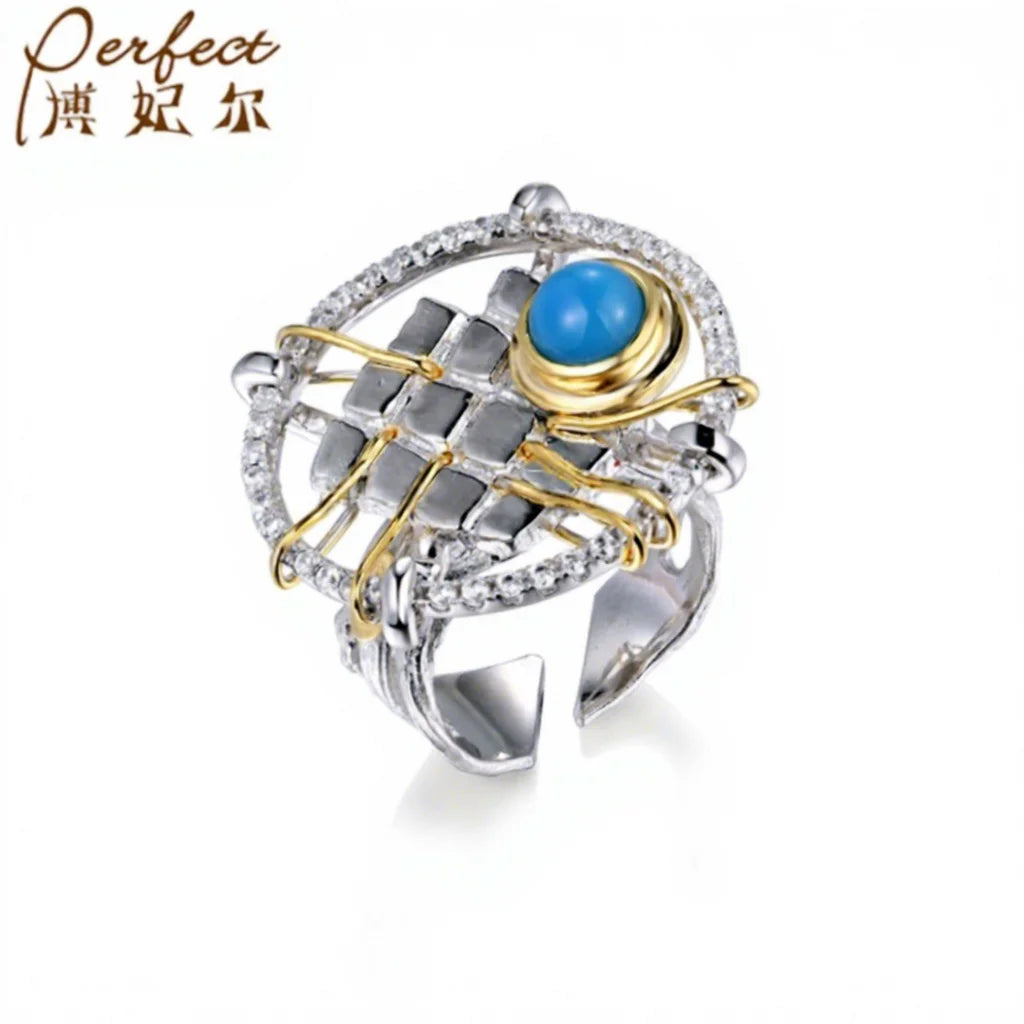 Wholesale Personality Jewelry 925 Sterling Silver 18K Gold Plating Syn TurquoiseRing