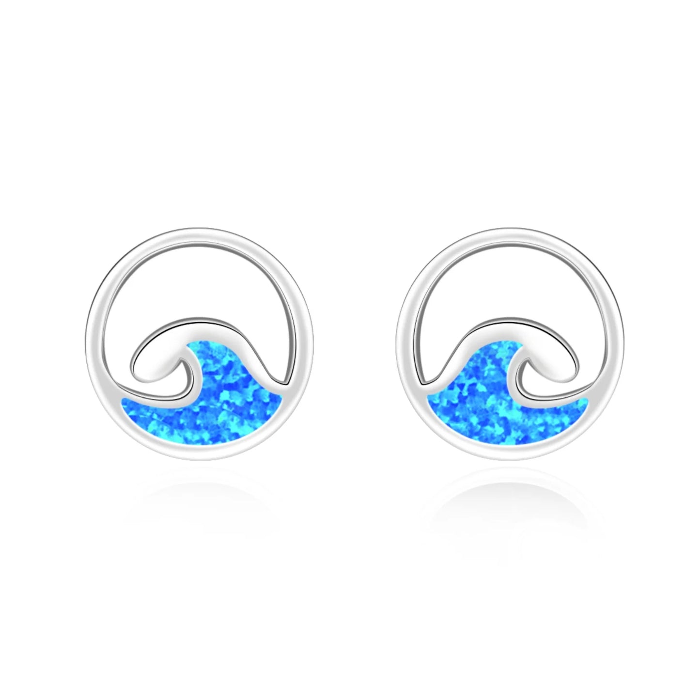 Ocean Wave Opal Stud Earrings - Blue Fire Opal Inlaid Circle Wave Design | Coastal Minimalist Jewelry Bulk Gifts
