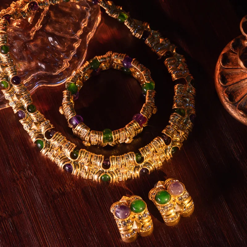 Long Big Elegant Indian Traditional Heavy Natural Stone Jewellery Middle Eastern Gold Chunky Jewelry Sets for Women min Order 1