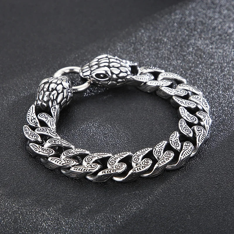 KALEN Men Punk Stainless Steel Ring Clasp Cuban Bracelet With Snake Charms