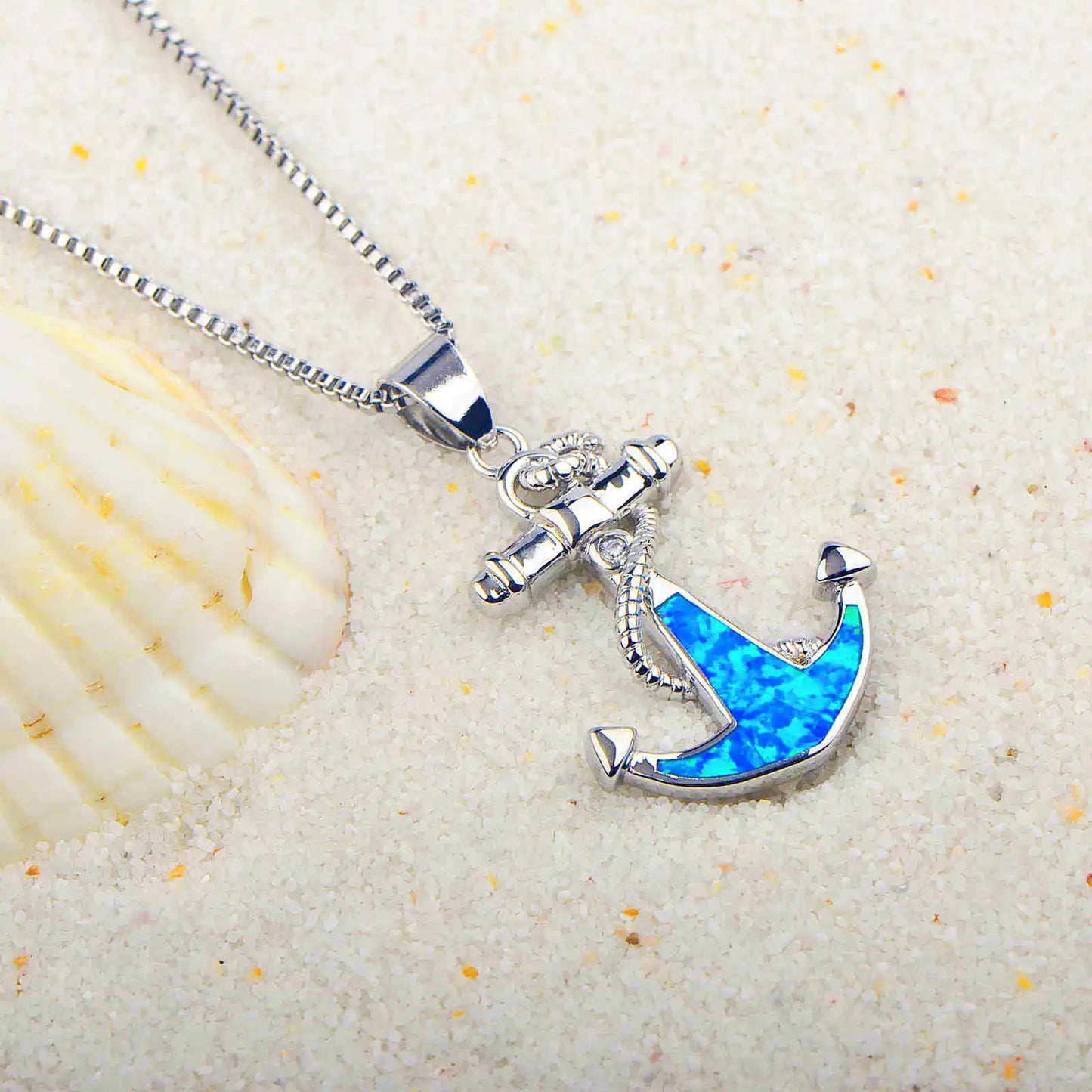 Fashionable Hawaiian Ocean Style Blue Opal Anchor Lariat Necklace Silver Plated Copper Alloy Link Chain