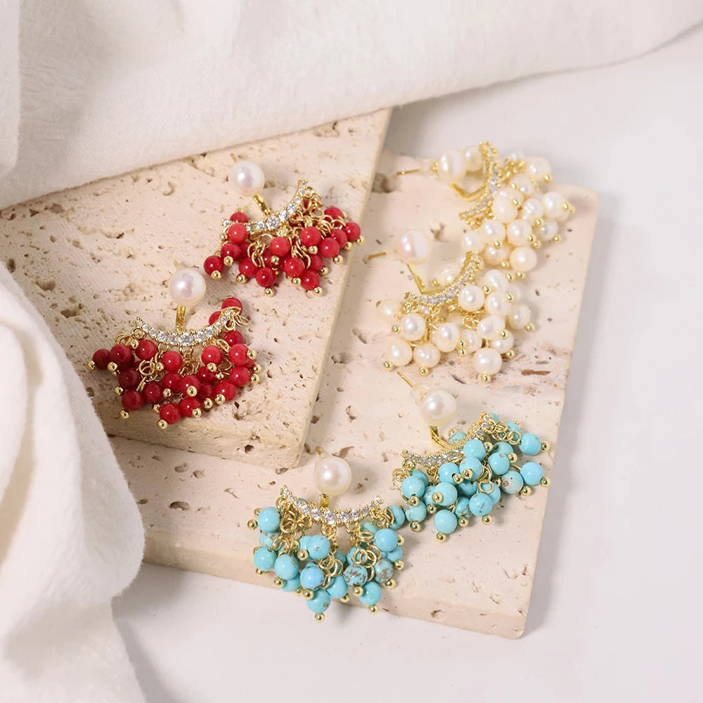 Natural Freshwater Pearl Multi-layer Earrings Coral Turquoise Korean Style Women Luxury Jewelry Fashion Ladies and Girls Gift